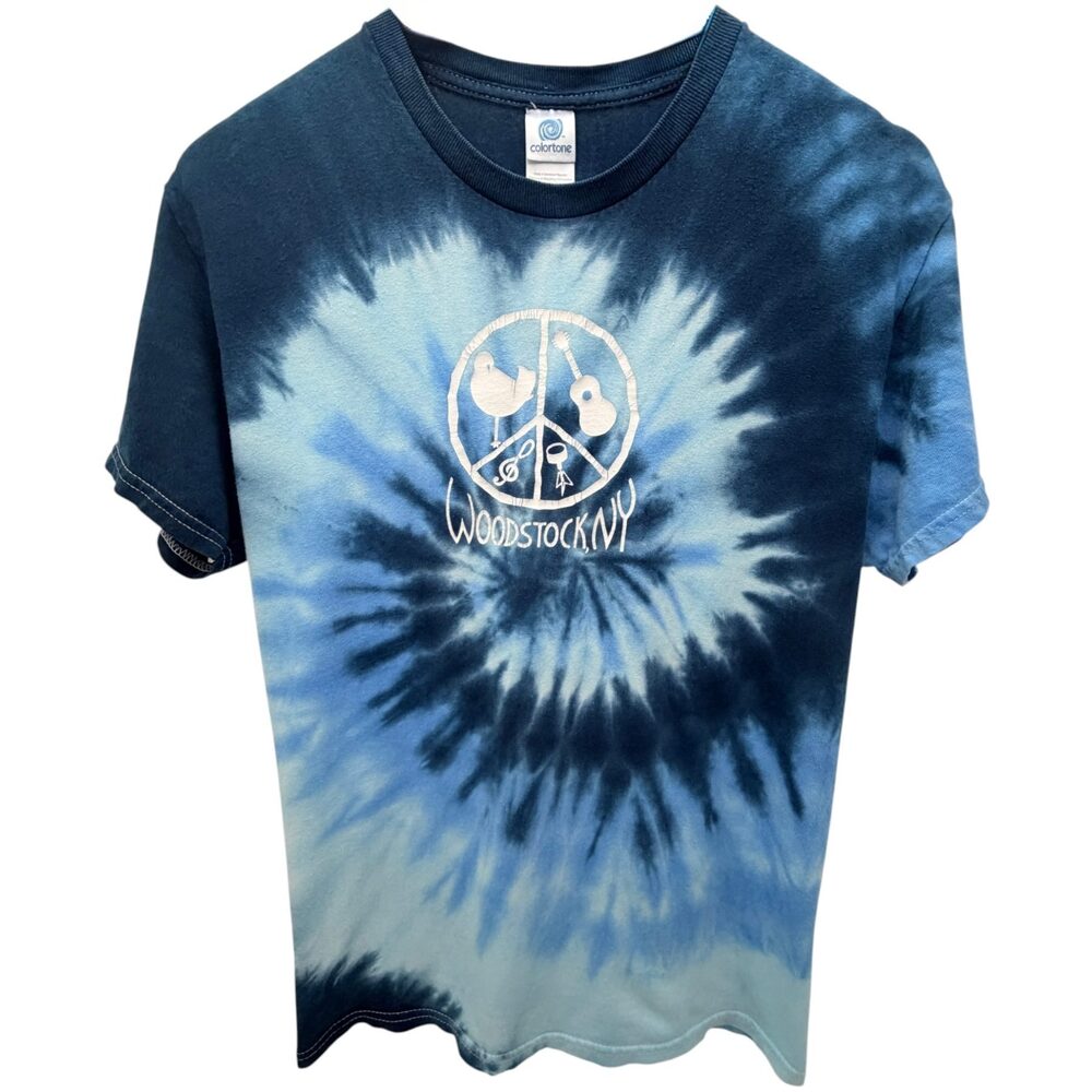 Colortone Blue Tie-dye; Woodstock Graphic T-Shirt Cotton Crew Neck Men's Medium